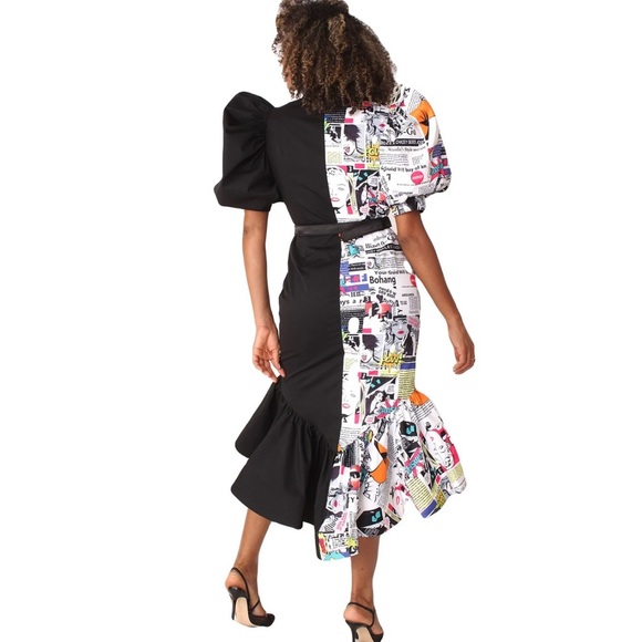 Comic Print Colorblock Puff Sleeve Dress XL - Picture 2 of 10
